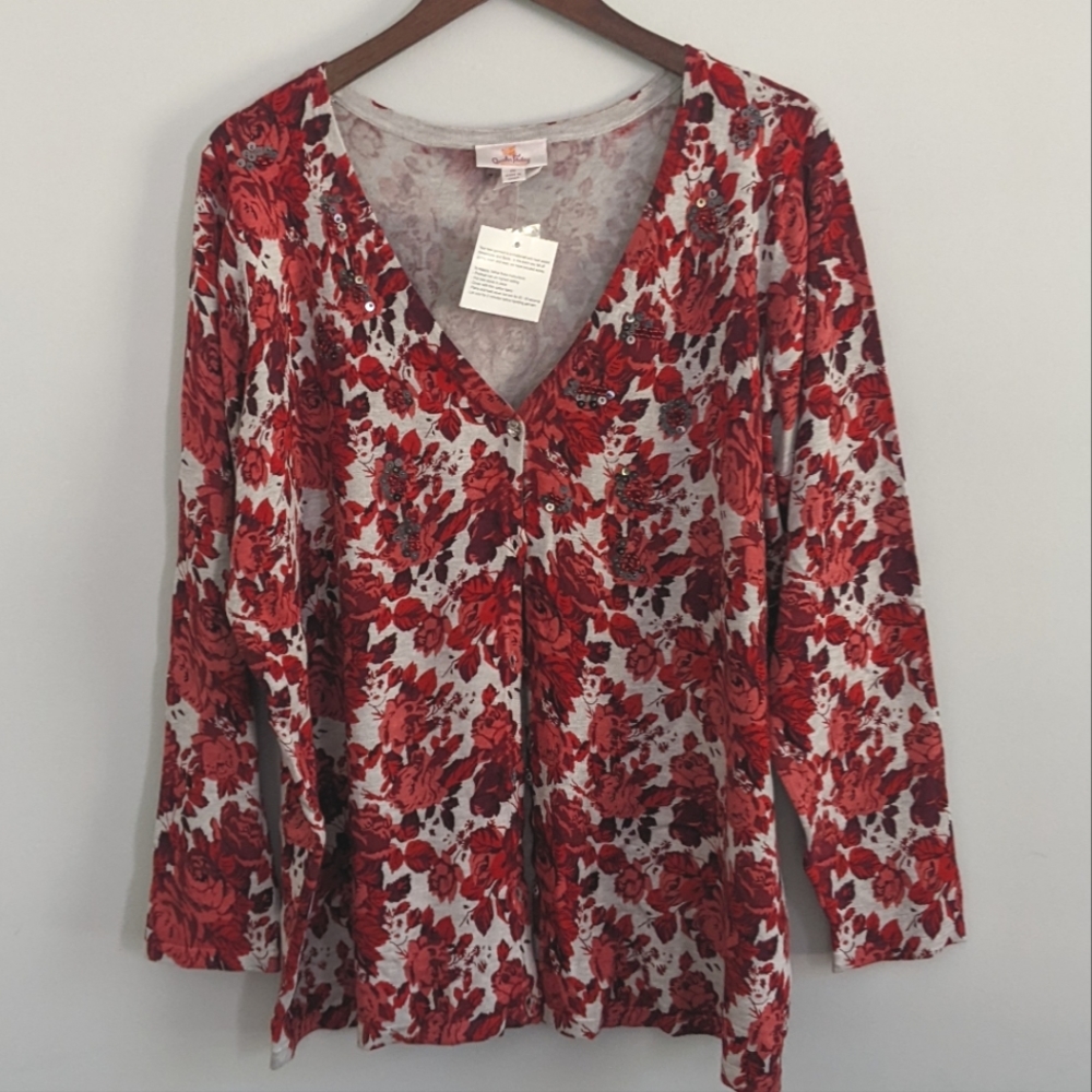 Quacker Factory Red Floral V-Neck Cardigan